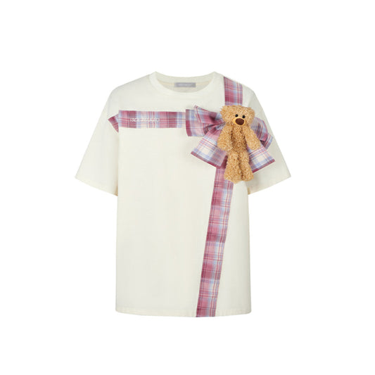 13De Marzo Plush Bear Bow Tie T-Shirt Beige