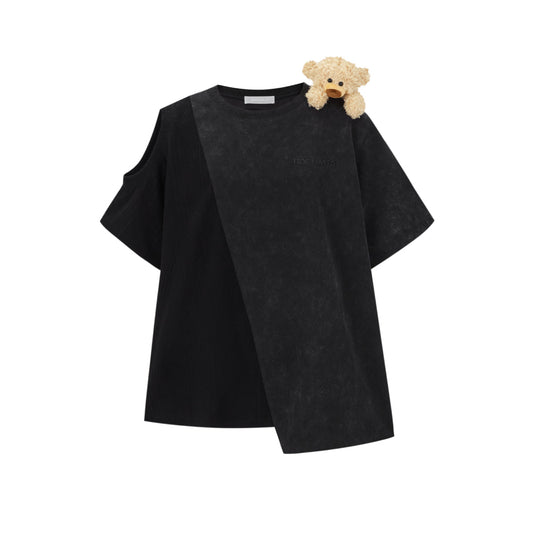 13De Marzo Bear Asymmetrical Off-Shoulder T-Shirt Black
