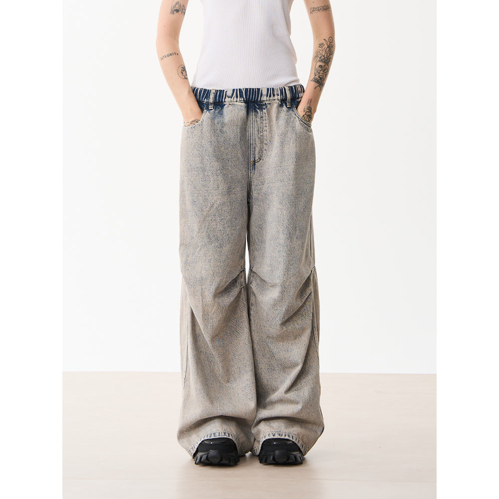 Moditec Knee Wrinkle Washed Denim Pants Grey - Mores Studio