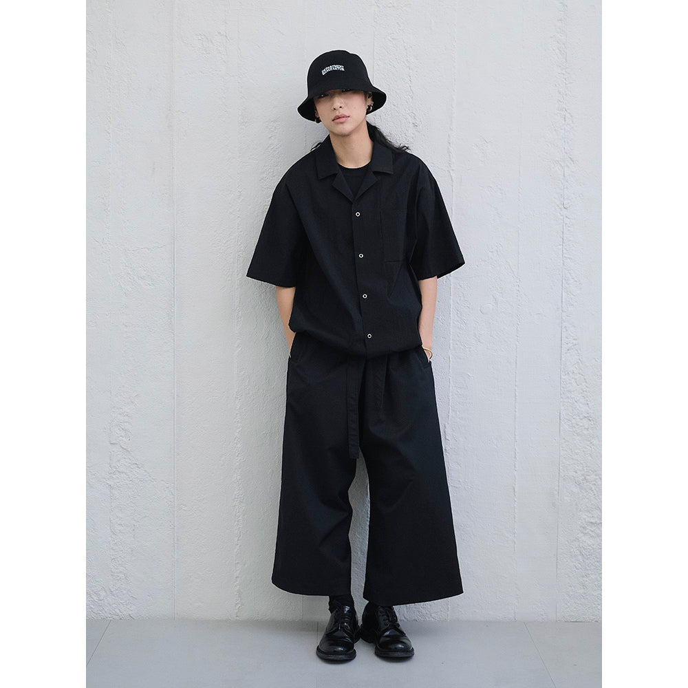 MANUFACTURE Drawstring Short Sleeve Nylon Shirt Black