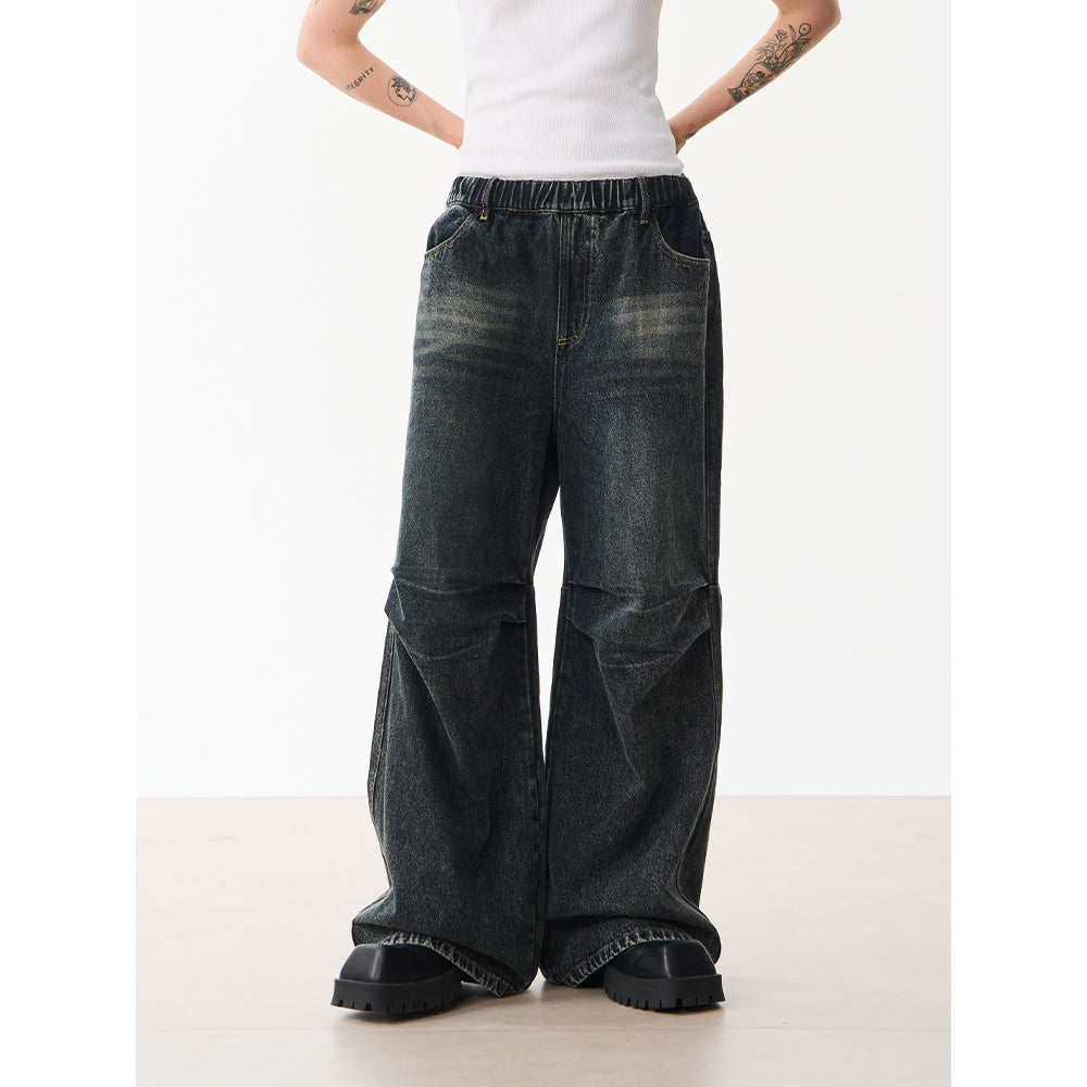 Moditec Knee Wrinkle Washed Denim Pants Blue - Mores Studio