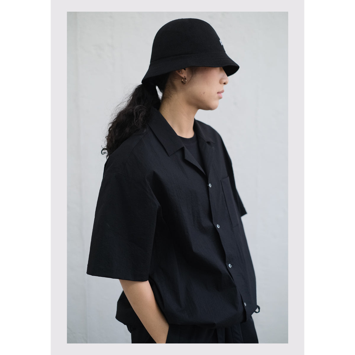 MANUFACTURE Drawstring Short Sleeve Nylon Shirt Black