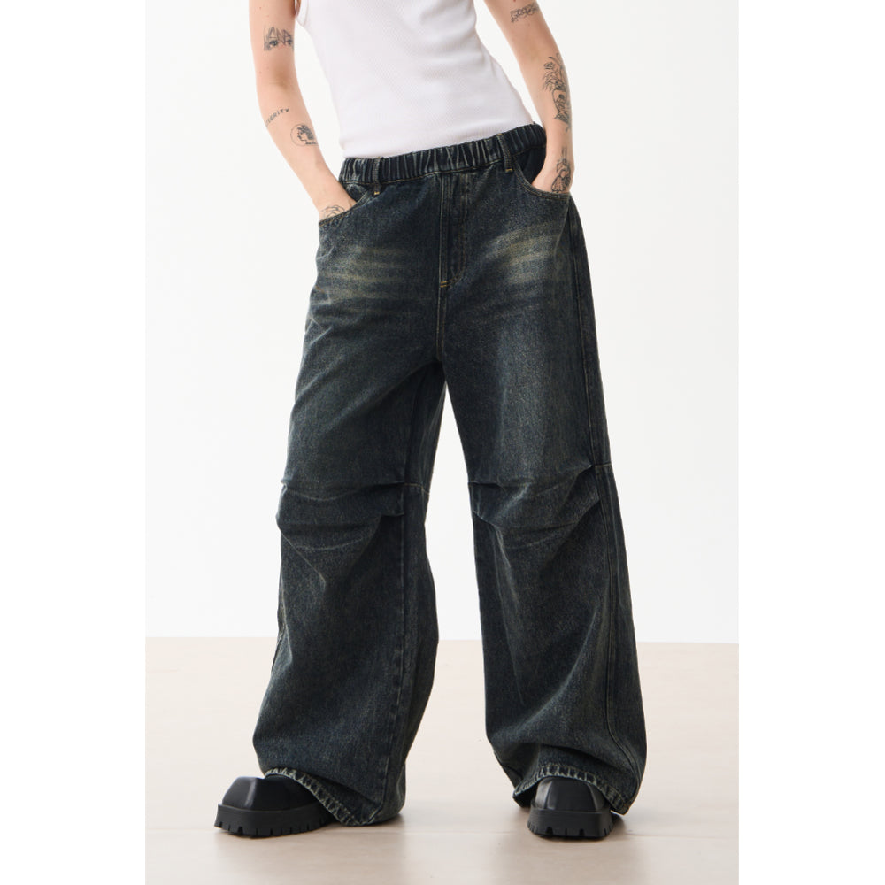 Moditec Knee Wrinkle Washed Denim Pants Blue - Mores Studio