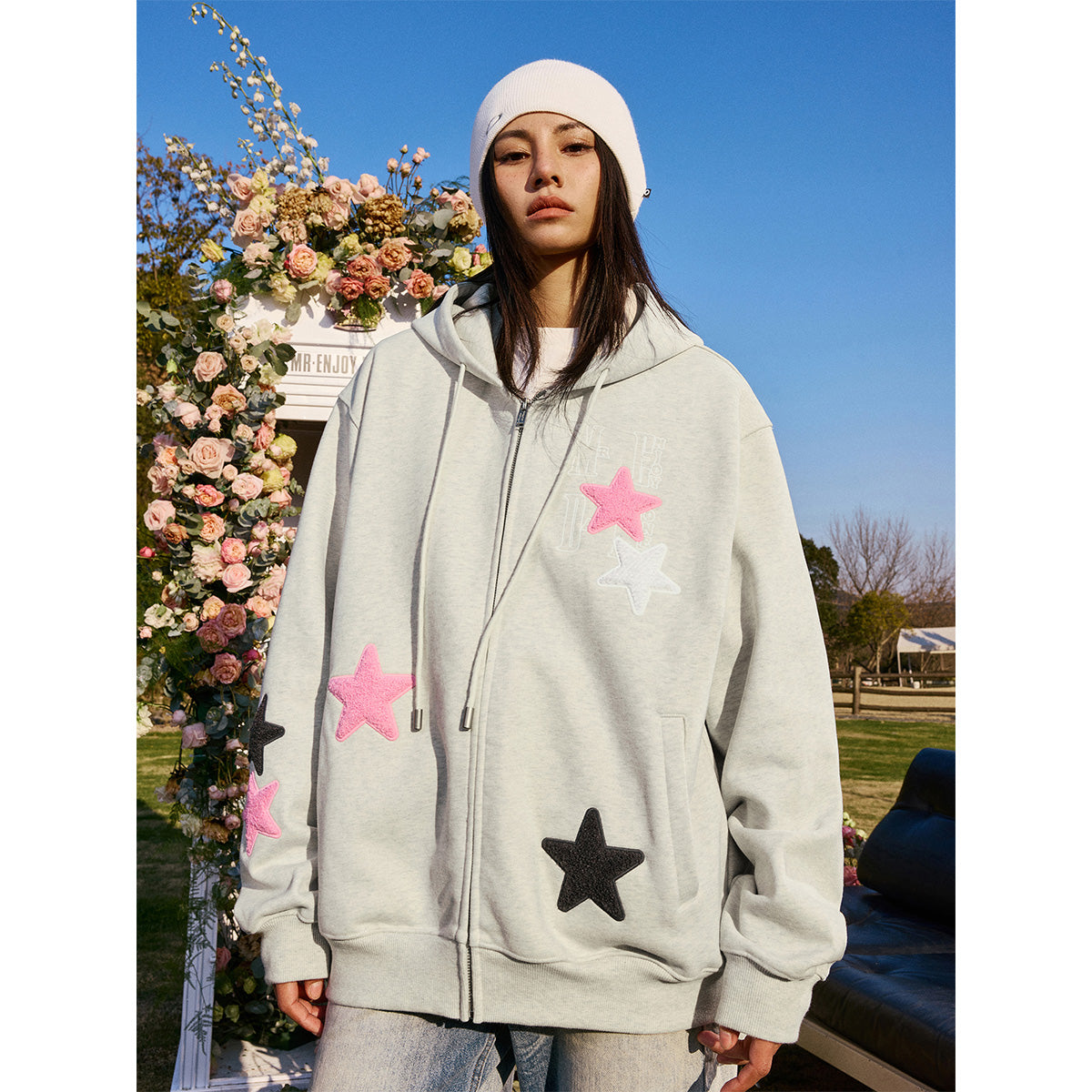 MEDM Embroidery Stars Zip Up Hoodie Gray