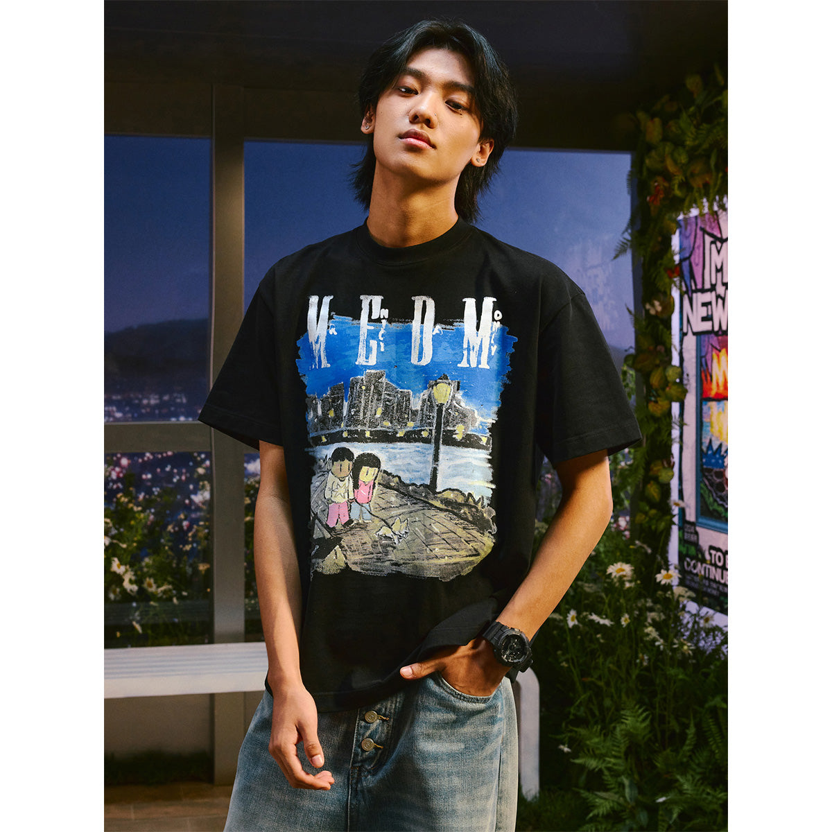 MEDM x Newmasus Night Scene Graffiti T-Shirt Black