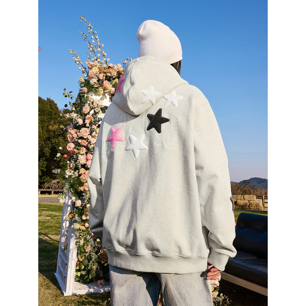 MEDM Embroidery Stars Zip Up Hoodie Gray