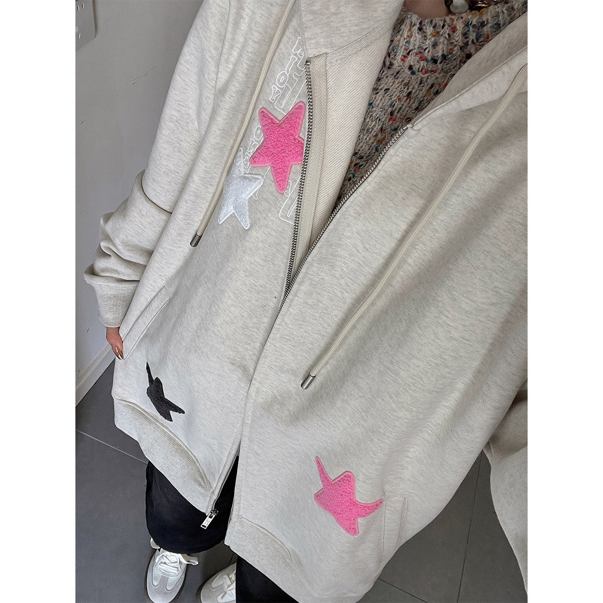 MEDM Embroidery Stars Zip Up Hoodie Gray