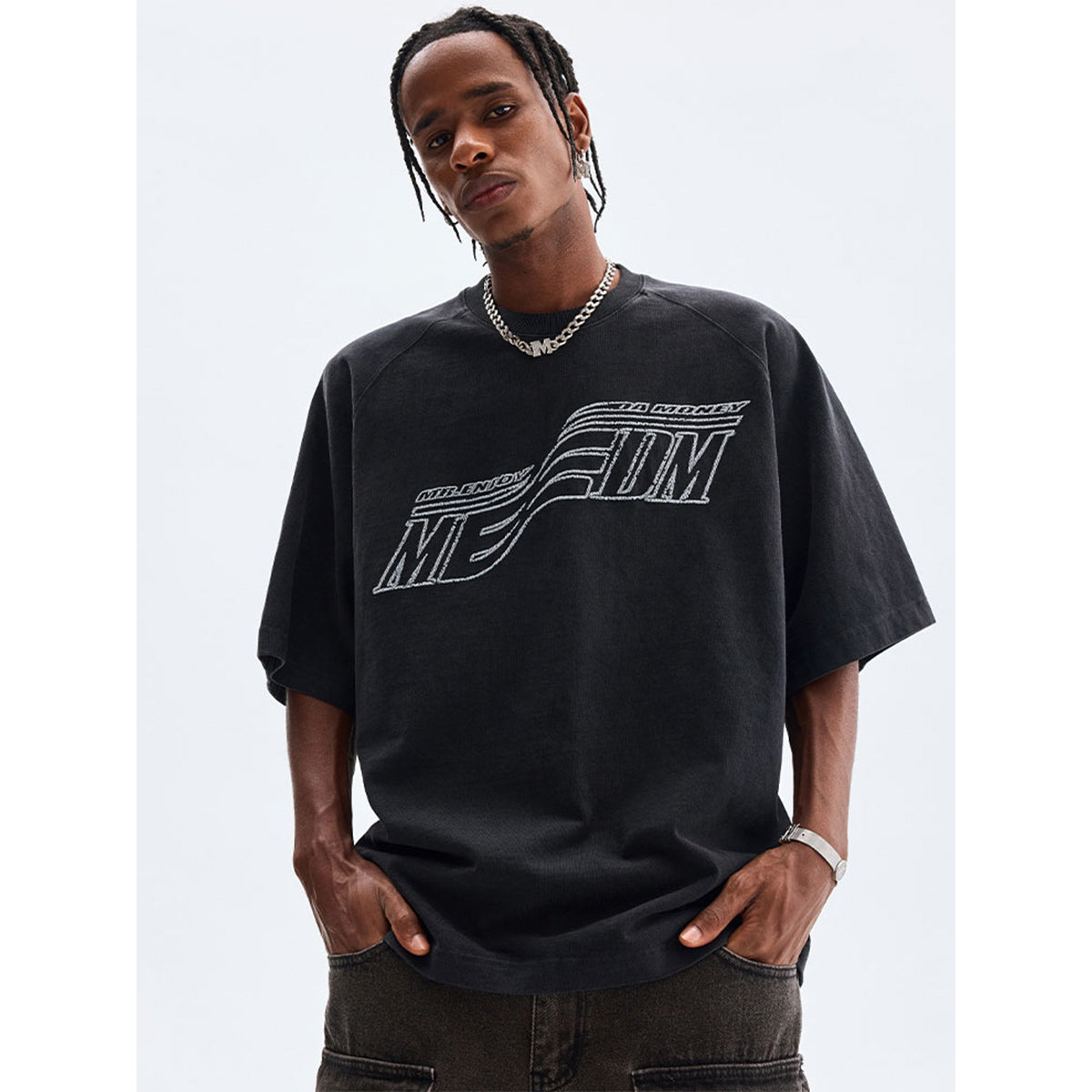 MEDM Embroidered Frayed Letter Tee Washed Black