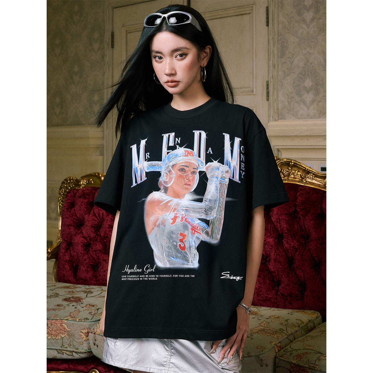 MEDM Transparent Baseball Girl Printed Tee Black