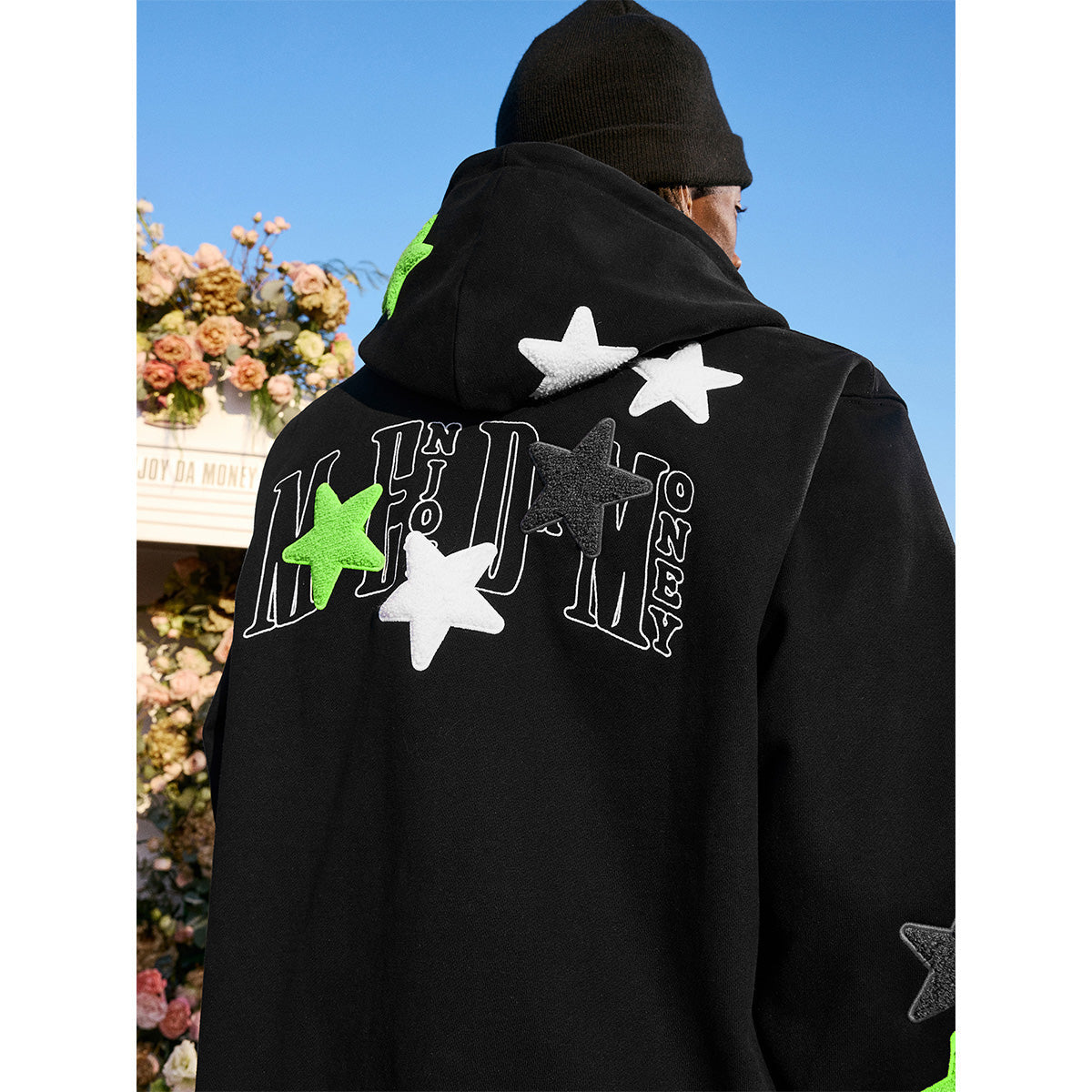 MEDM Embroidery Stars Zip Up Hoodie Black